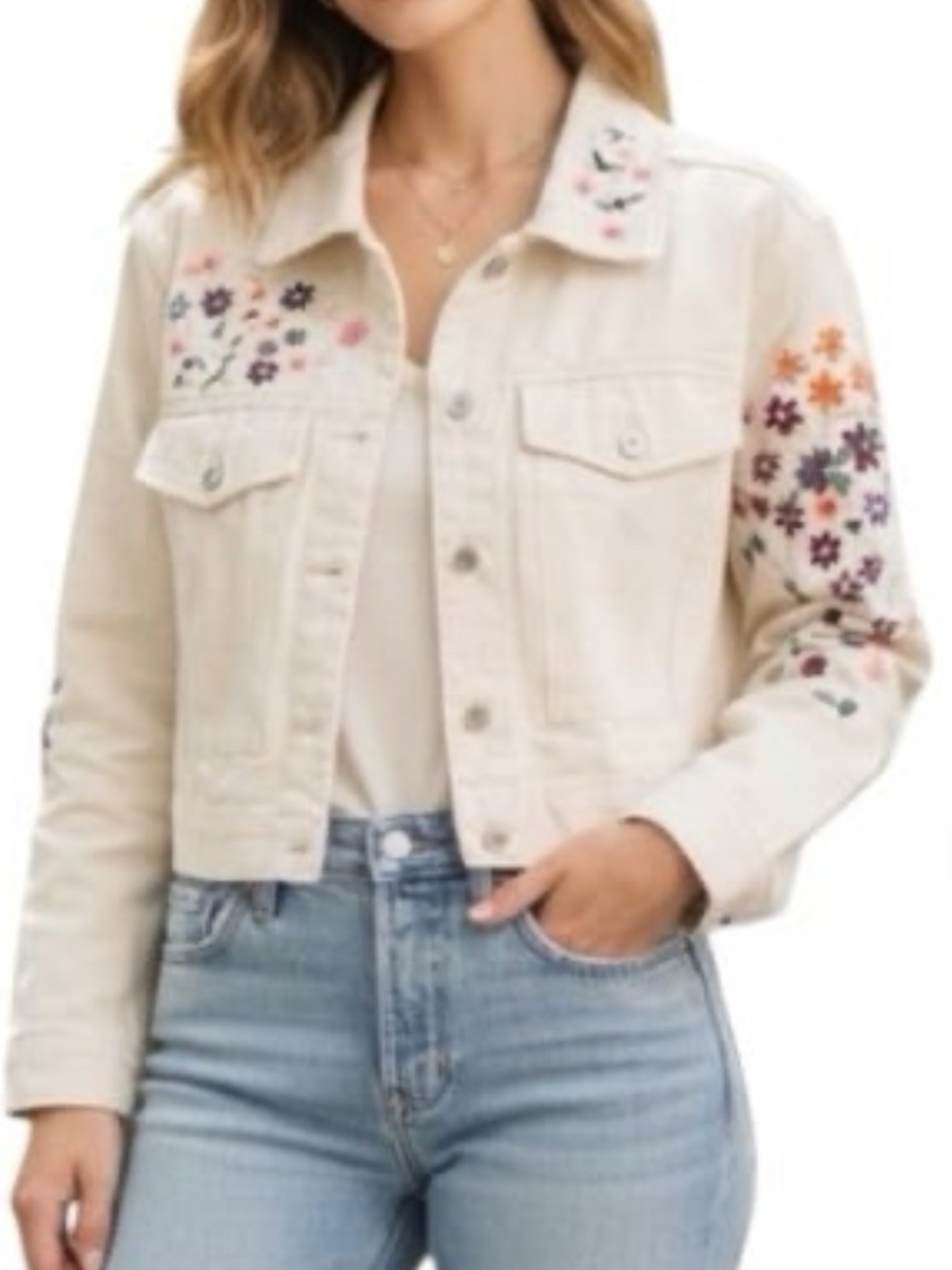 Dolan Cream Denim Jacket with Multicolor Floral Embroidery. Womens 8 NWT